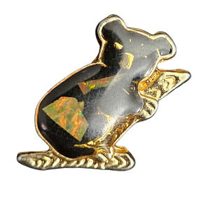 Vintage Koala Brooch Gold Tone Black Enamel Opal Inlay Figural Pin